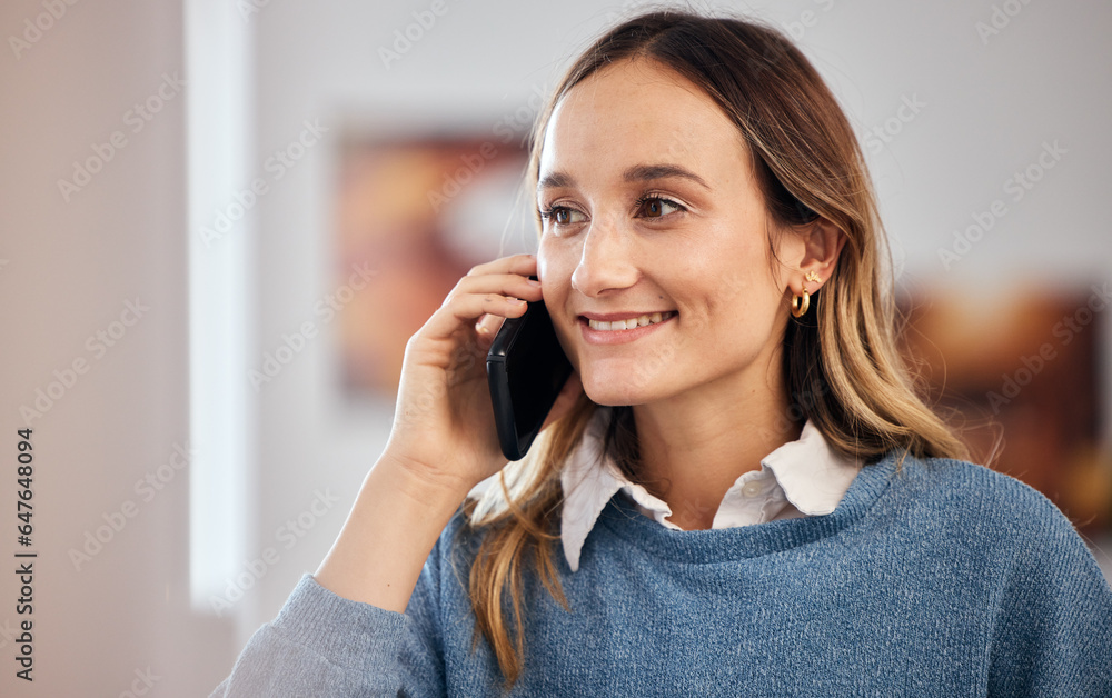 Happy woman in phone call, talking and conversation with contact at home. Smile of person on mobile 