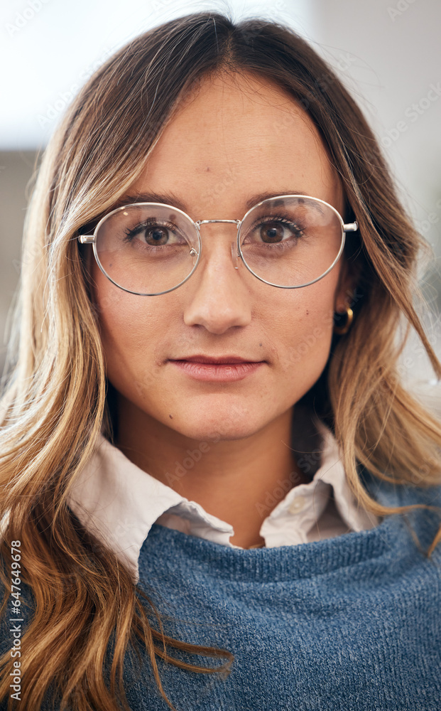 Face, business woman and designer in glasses at startup company, office and workplace. Portrait, cre