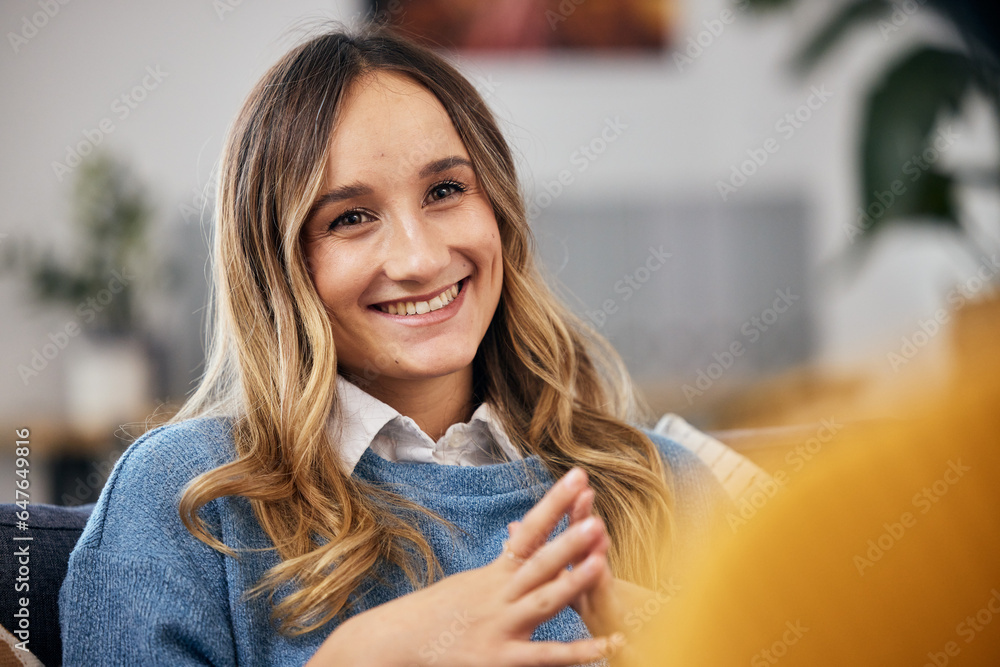 Happy woman on couch with smile for therapy, advice and help with trust, psychology and healthcare. 