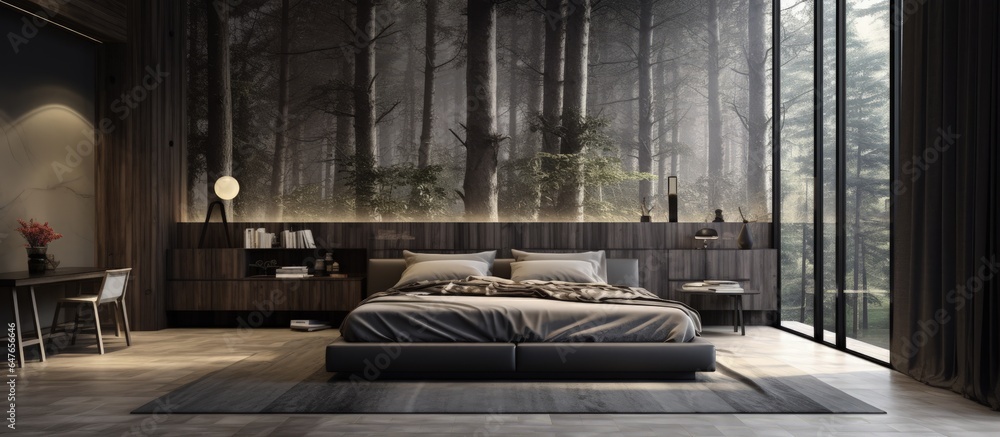 Contemporary bedroom interior in black and grey