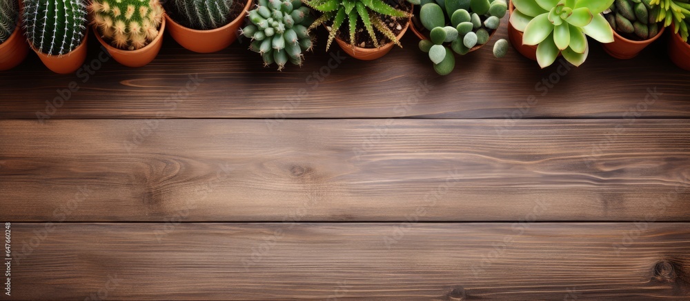 Cactus potted on wooden background for gardening