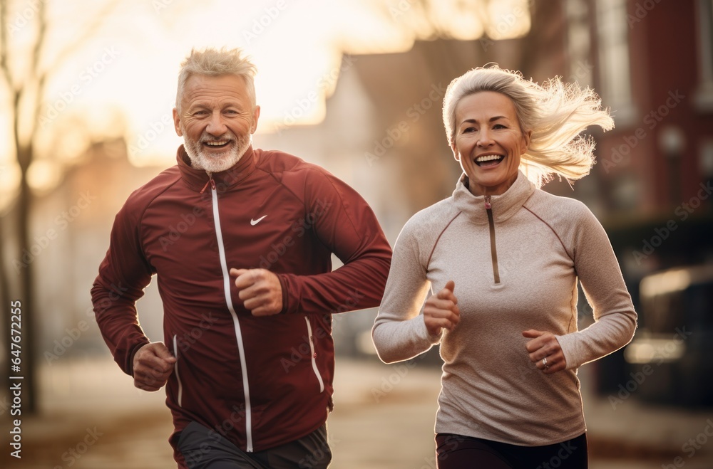 An older couple is jogging in an open field