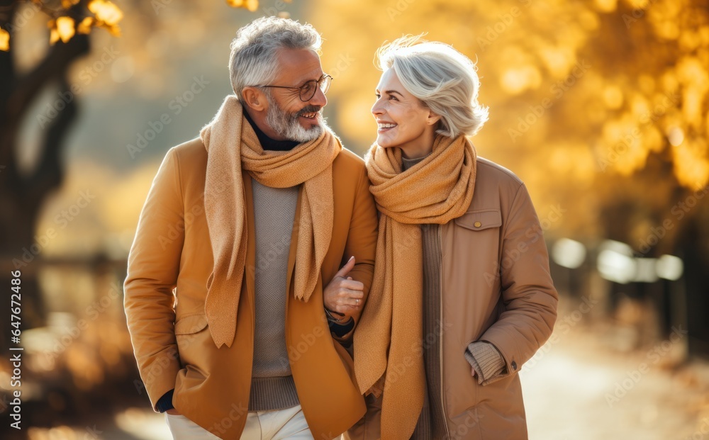 Old couple walking outside in autumn