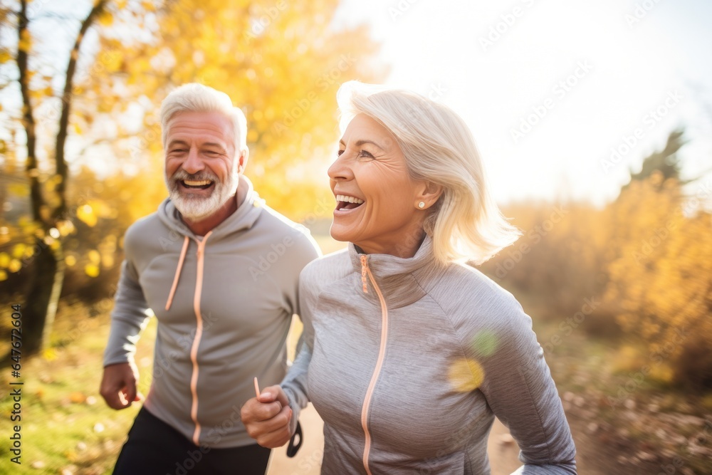 An older couple is jogging in an open field