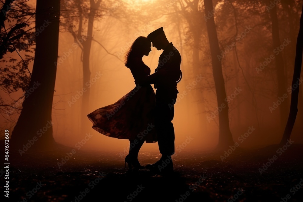 Woman and man kissing in the forest