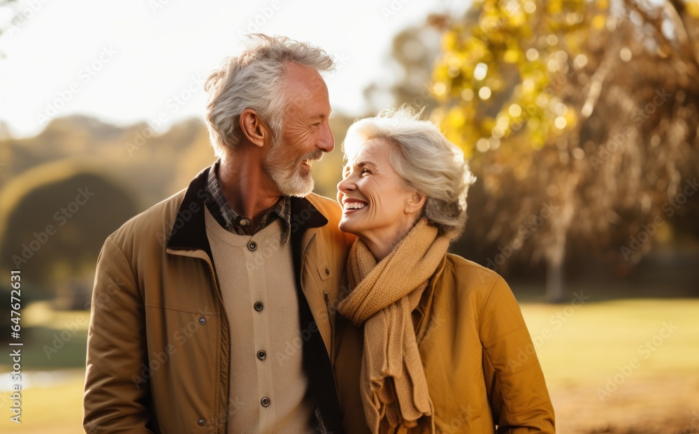 Old couple walking outside in autumn