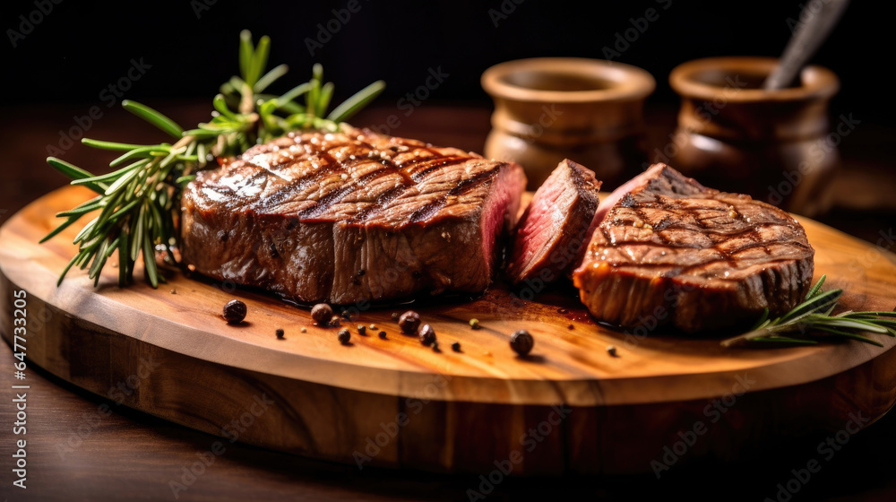 Beef, Sliced grilled meat steak Rib eye medium rare set on wooden serving board. Generative Ai