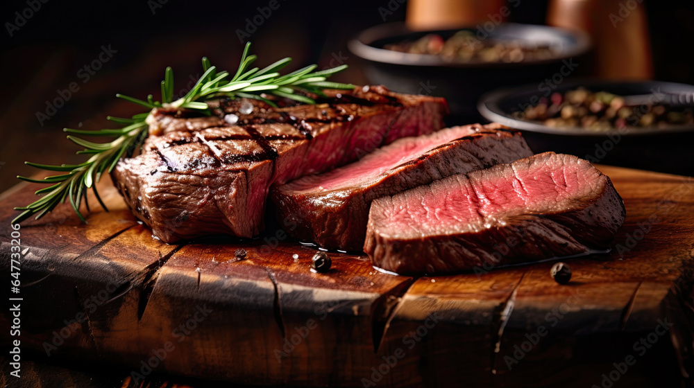 Beef, Sliced grilled meat steak Rib eye medium rare set on wooden serving board. Generative Ai