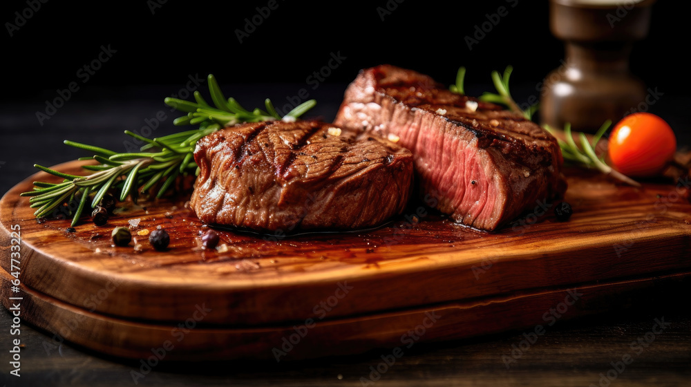 Beef, Sliced grilled meat steak Rib eye medium rare set on wooden serving board. Generative Ai