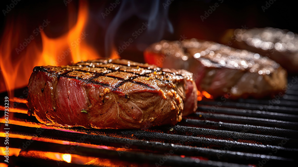 Beef, steaks on the grill. Generative Ai