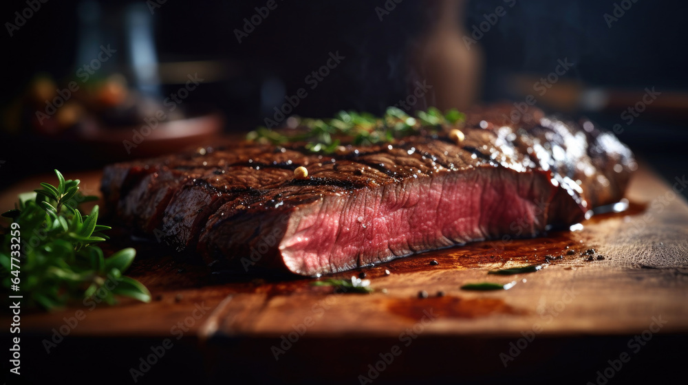 Grilled medium rare steak on wooden board. Generative Ai