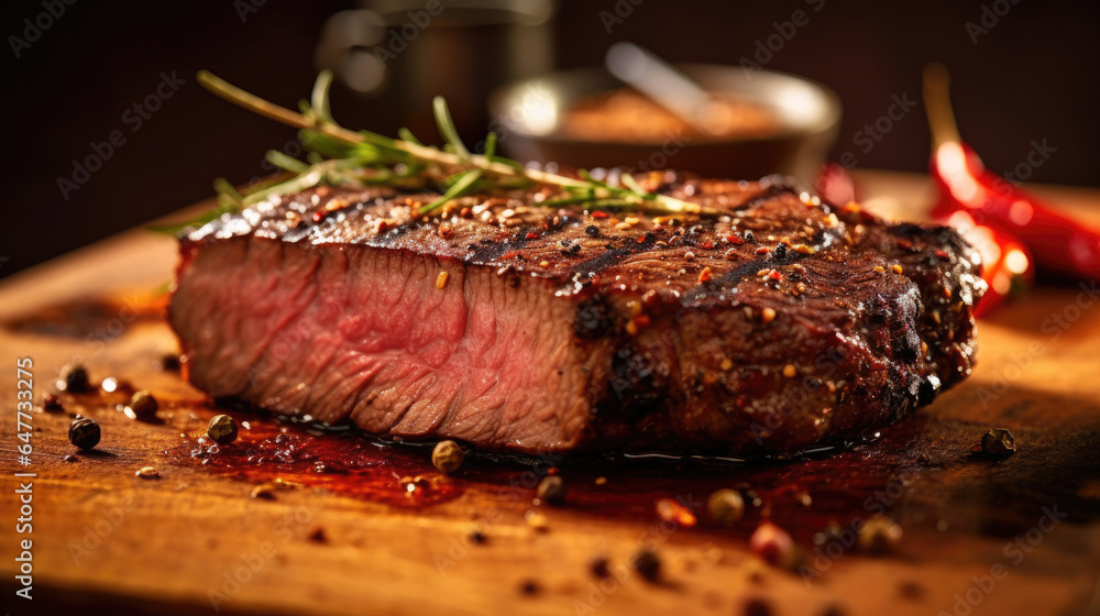 Piece of Grilled medium rare steak with spices on wooden board. Generative Ai