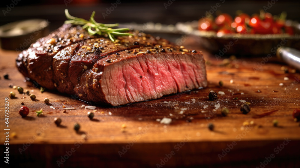 Piece of Grilled medium rare steak with spices on wooden board. Generative Ai