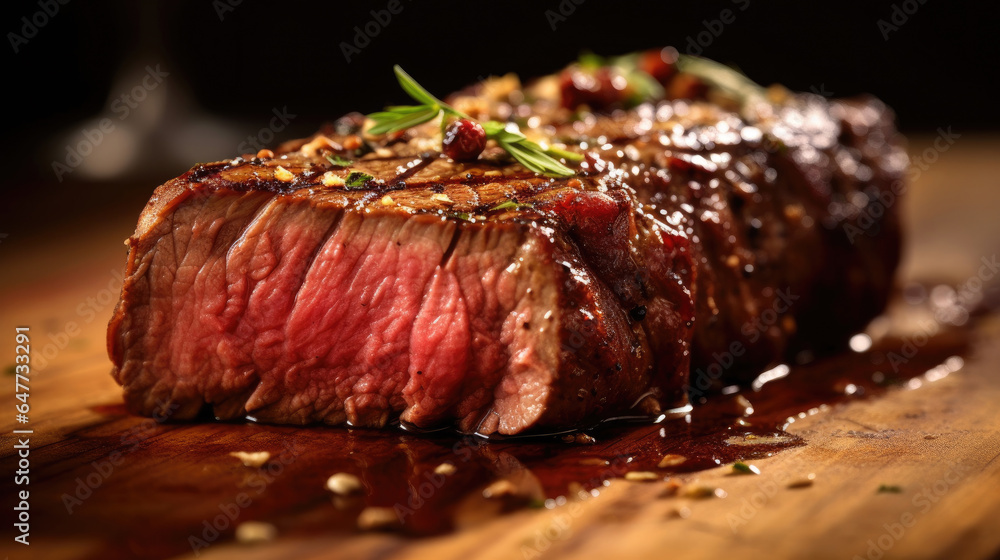 Piece of Grilled medium rare steak with spices on wooden board. Generative Ai