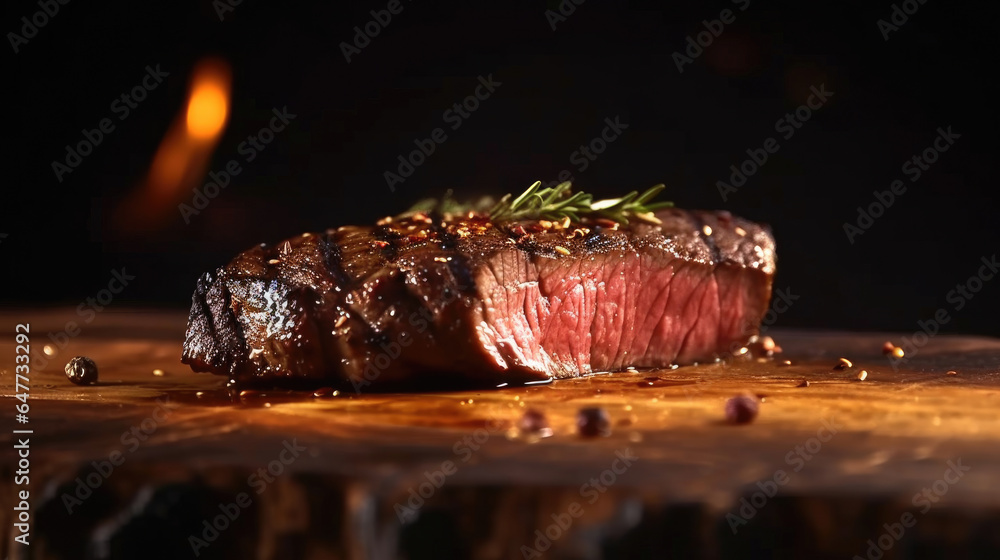 Piece of Grilled medium rare steak with spices on wooden board. Generative Ai