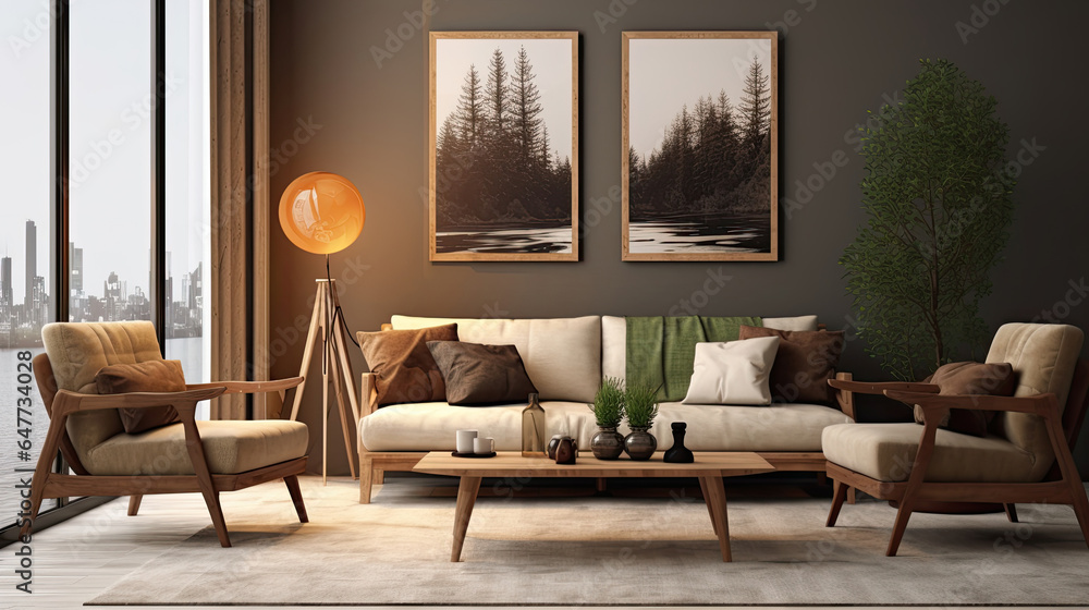 Interior design of scandinavian living room with frames. Wing chair near rustic wooden coffee table.