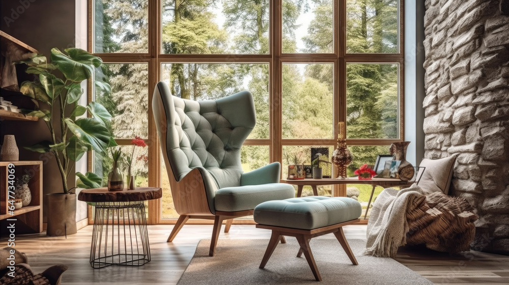 Interior design of scandinavian living room with frames. Wing chair near rustic wooden coffee table.