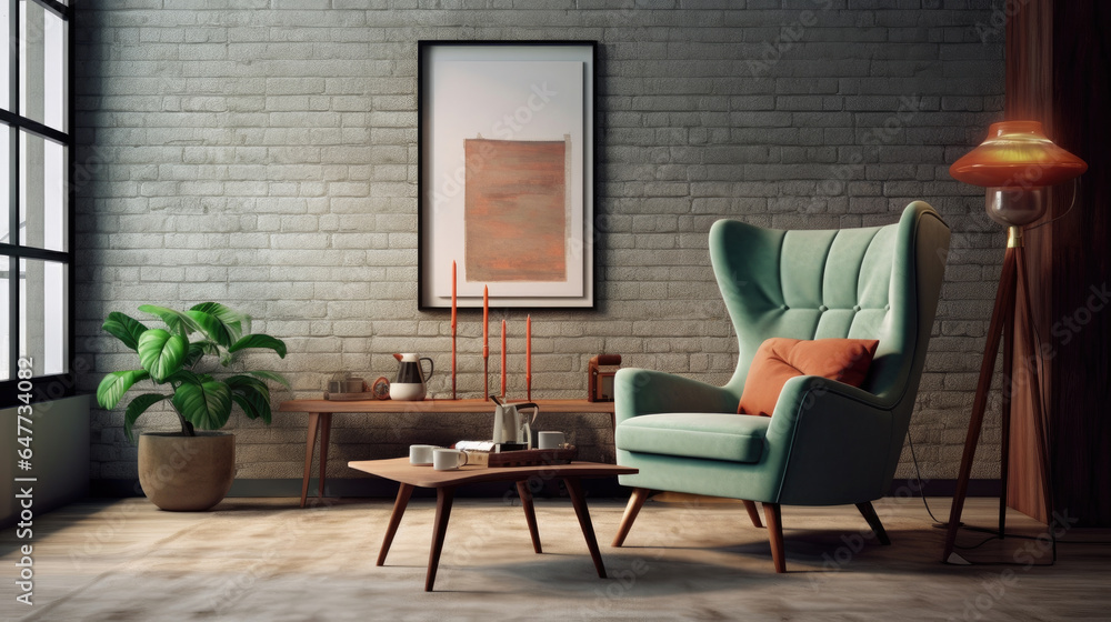 Interior design of scandinavian living room with frames. Wing chair near rustic wooden coffee table.