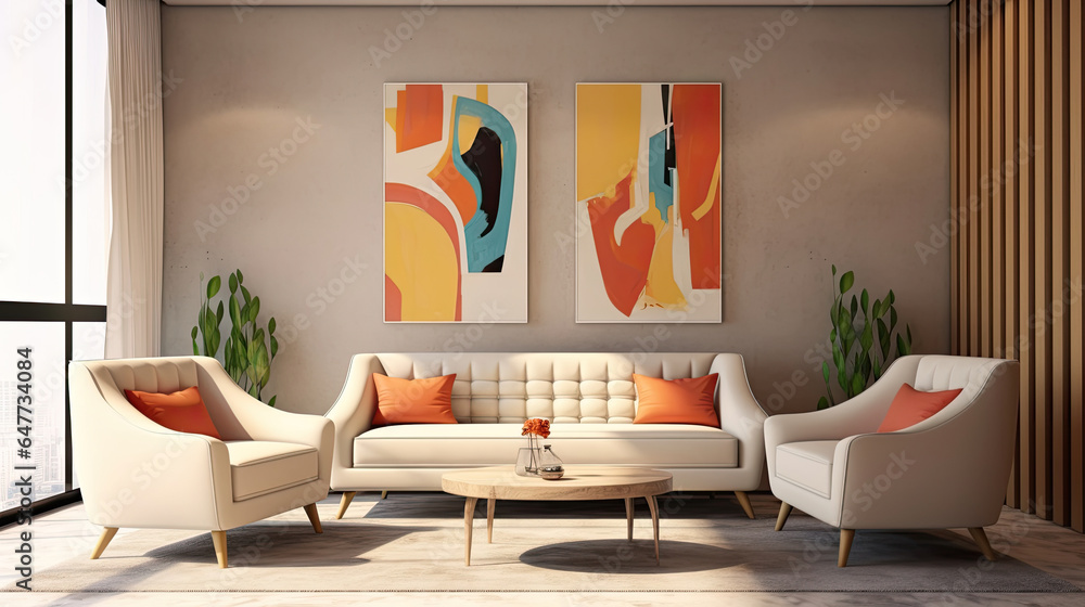 Interior Furniture, Pop art style interior design of modern living room with two beige sofas. Genera