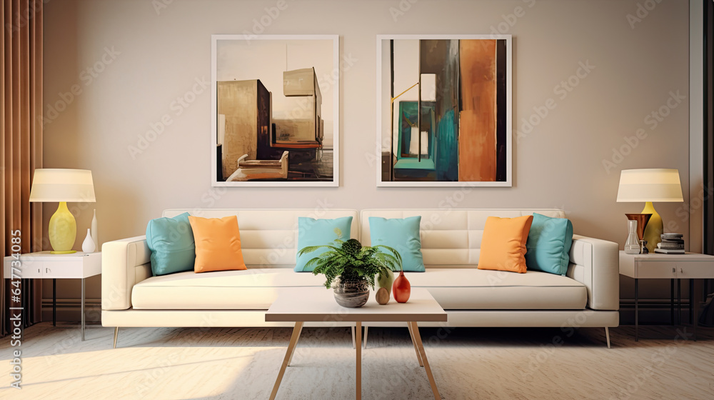 Interior Furniture, Pop art style interior design of modern living room with two beige sofas. Genera