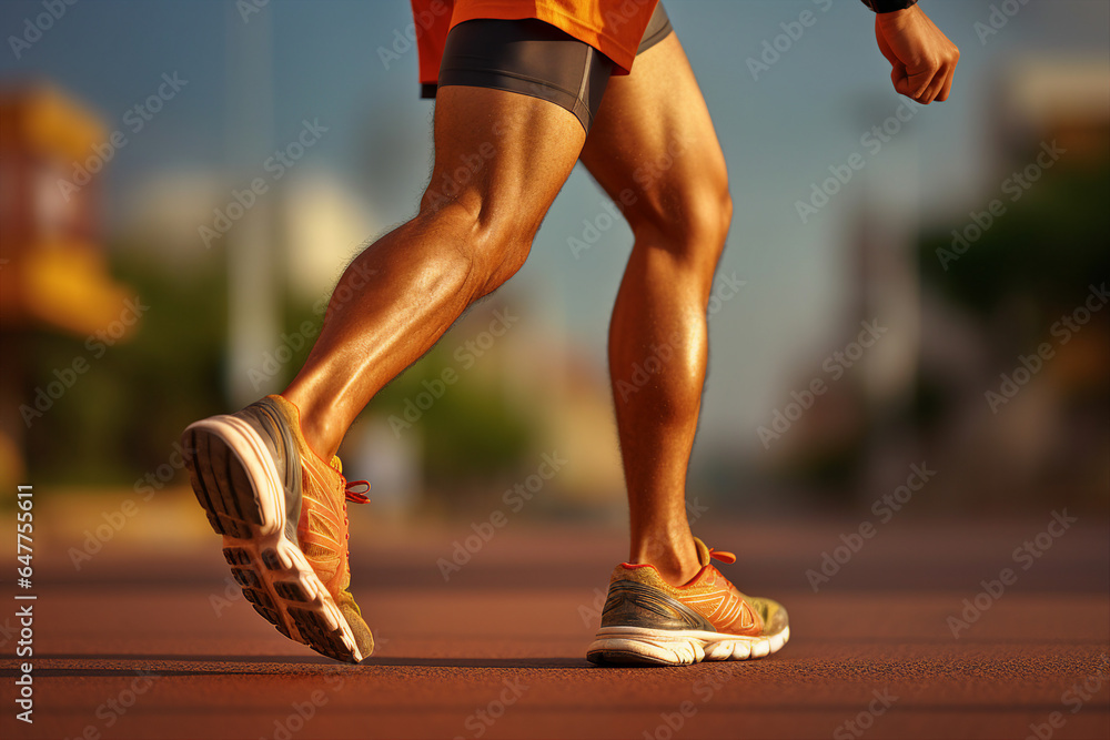 Close up generative AI photo of a female or male person legs in sportive shoes running in the park