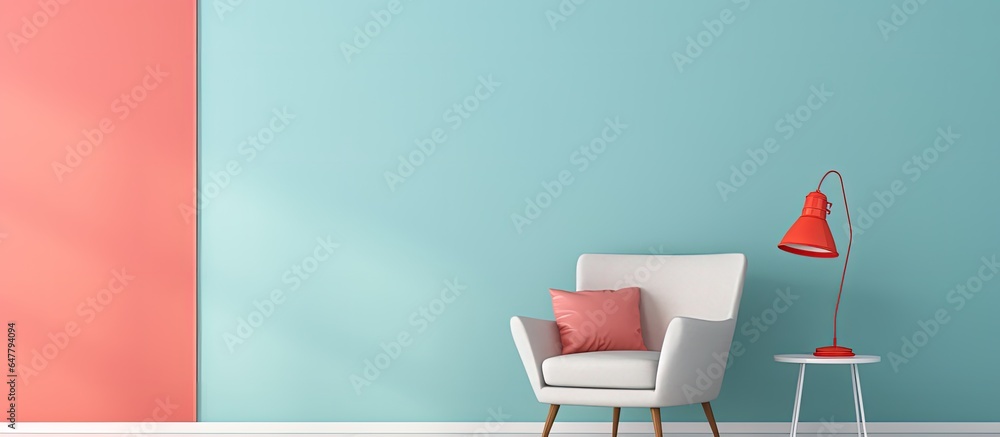 Modern stylish room with stand near colored wall