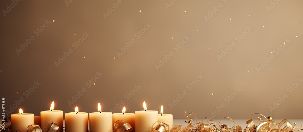 Gorgeous lit candles on a beige backdrop