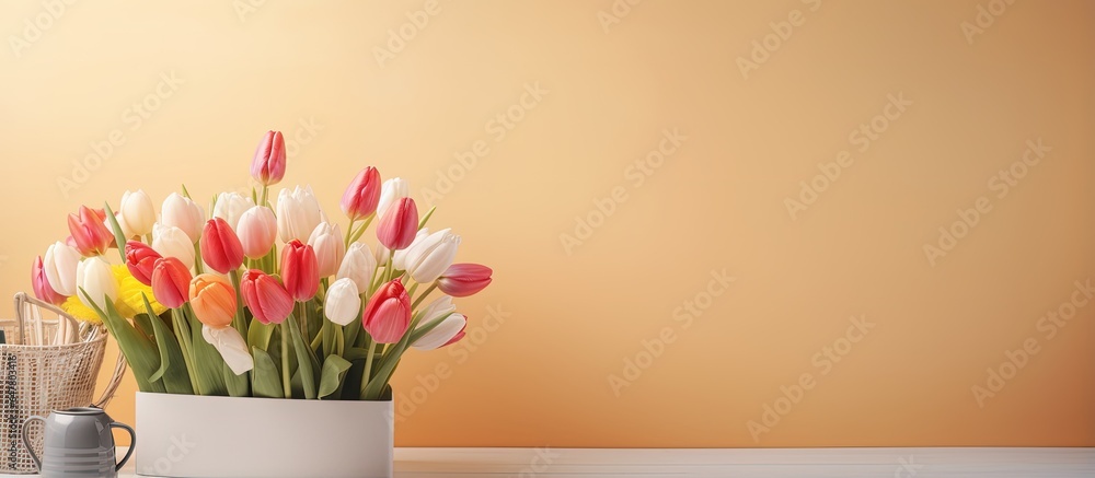 Modern laptop tulips Easter rabbit greeting card near color wall in a workplace