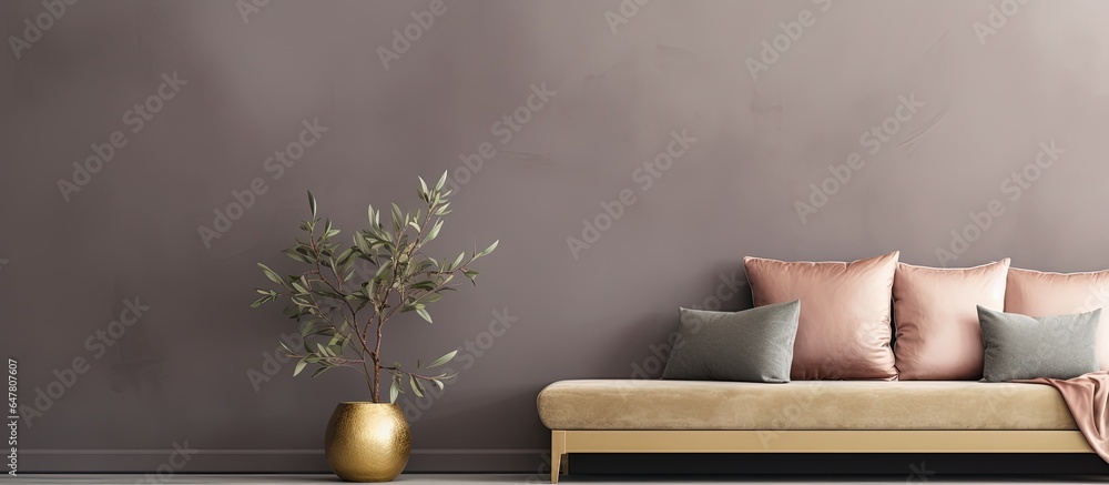 Minimalistic interior design with a stylish living room composition featuring a gold bench velur pil