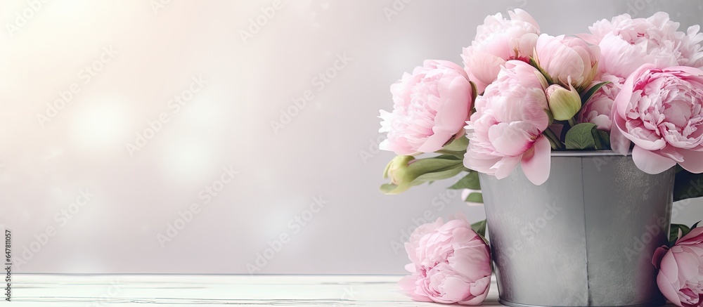 Pink peony flowers in metal bucket in shabby chic interior