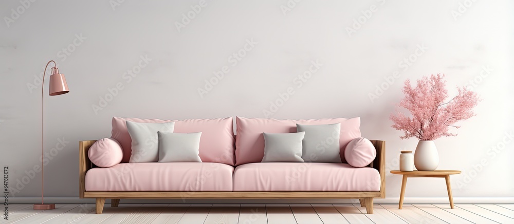 Real photograph of a wooden table on a pink carpet in a white flat interior with a grey settee and p