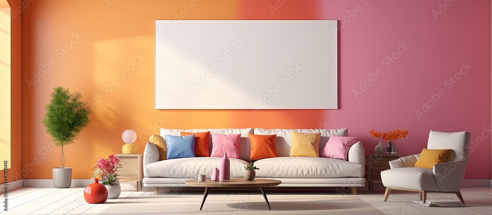 Living room with white sofa shown in ing featuring colorful interior poster