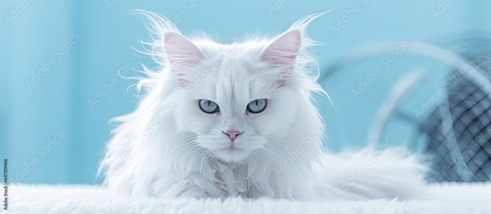 Elderly feline with poor fur aged and with blue eyes residing in a white and black space indoors