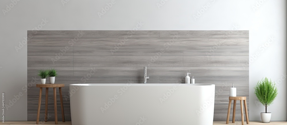 Gray tiled bathtub with wooden pattern surrounding