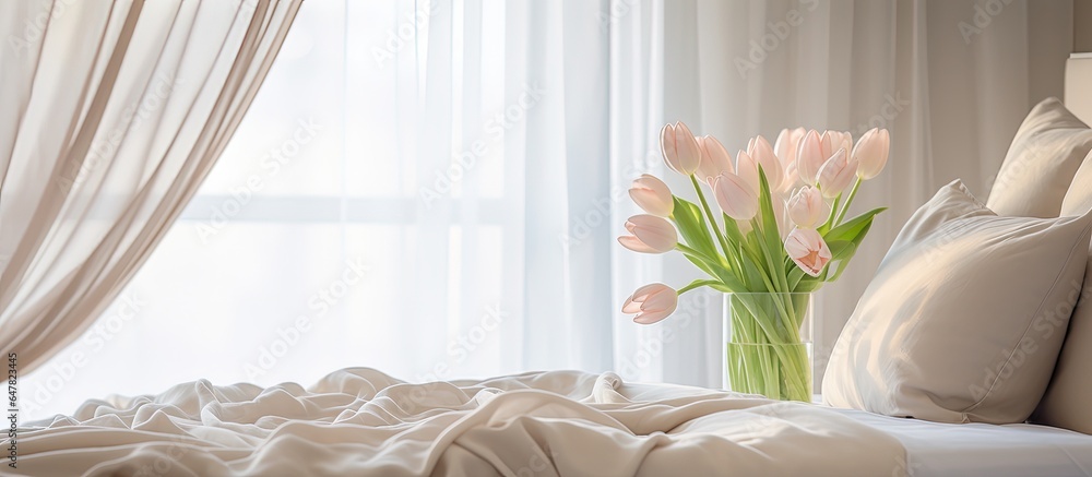 Modern luxury bedroom with a vase of tulips on a bedside table and gauze curtains on a canopy bed