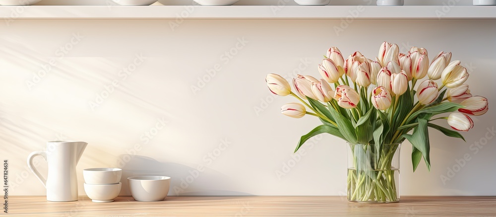 Modern Scandinavian u shaped kitchen with open shelves displaying plants and jars featuring a tulips