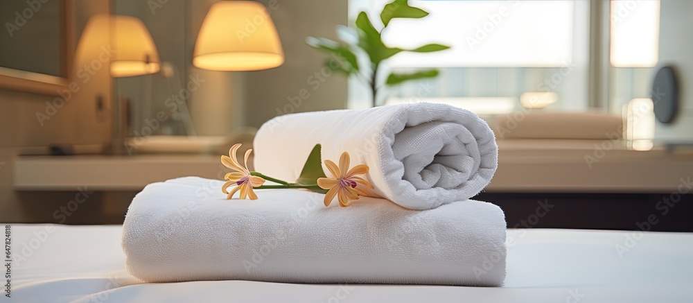 Hotel customer provided with white towel on bed in guest room