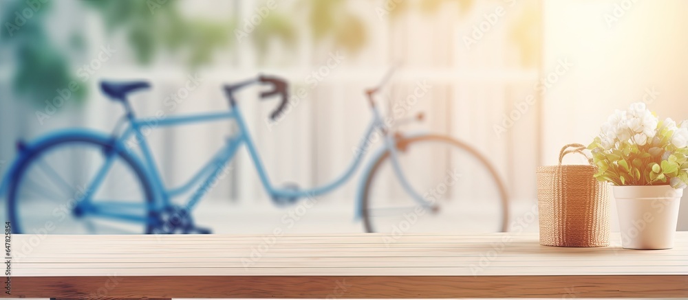 Mock Up of Display Product with Empty Wooden Table and Blue Bicycle by Window