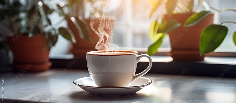 On a cozy kitchen surface a beautiful coffee cup sits beside a saucer with cane sugar against a blur