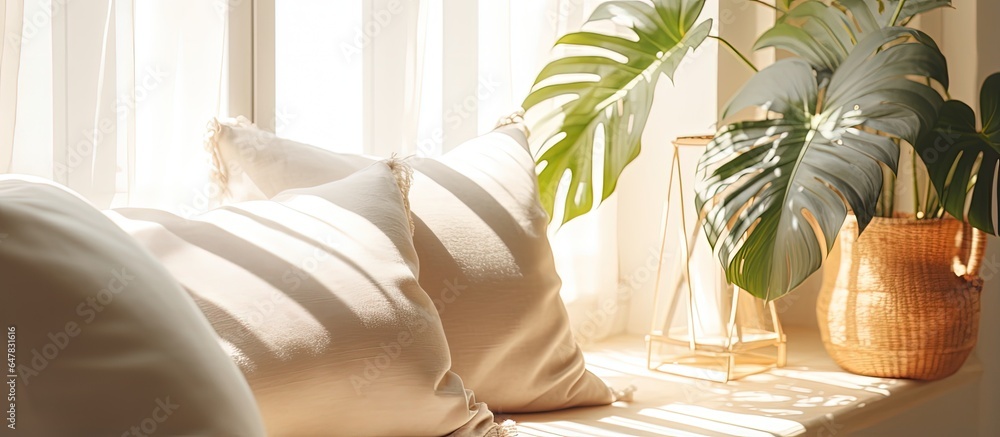 Indoor monstera and pillows create a cozy window sill filled with sunlight