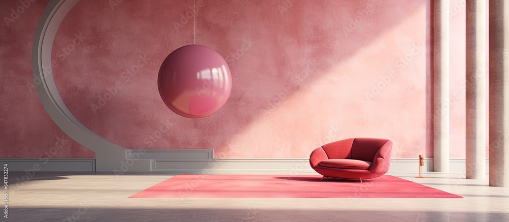 Fictional architecture with classic colonnade rosy walls and suspended ball in an open ceiling space