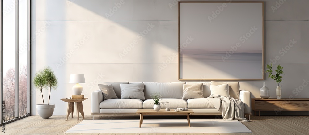 illustration of a modern interior with a Scandinavian style living room and a mock up poster frame