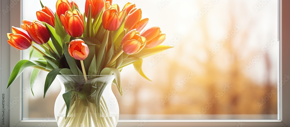 Orange tulips in a sunlit vase at home on a windowsill