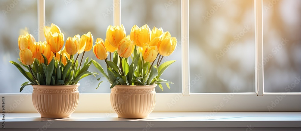 Pots on the windowsill nurture yellow tulips