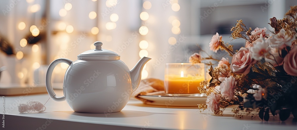 Fir branches icicles candles and teapot with tea on a wooden table in a cozy Scandinavian kitchen