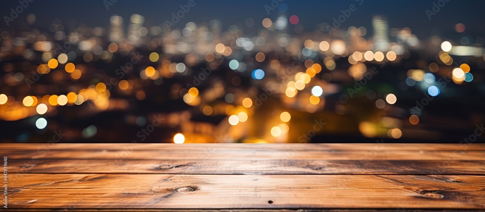 Holiday table at night with blurred bokeh lights