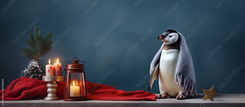 Holiday scene featuring penguin figurine and lantern with sweaters by Christmas tree