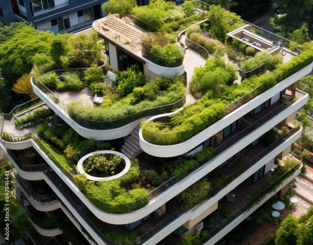 Aerial view of roof top terraced garden