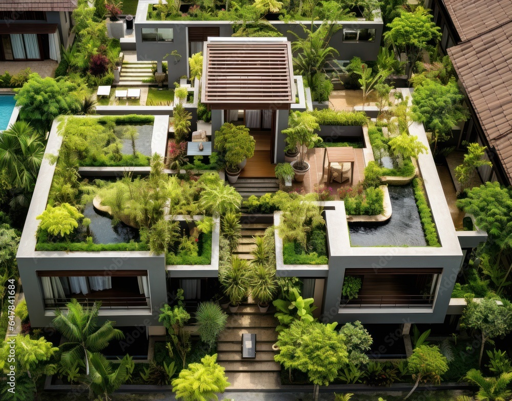 Aerial view of roof top terraced garden