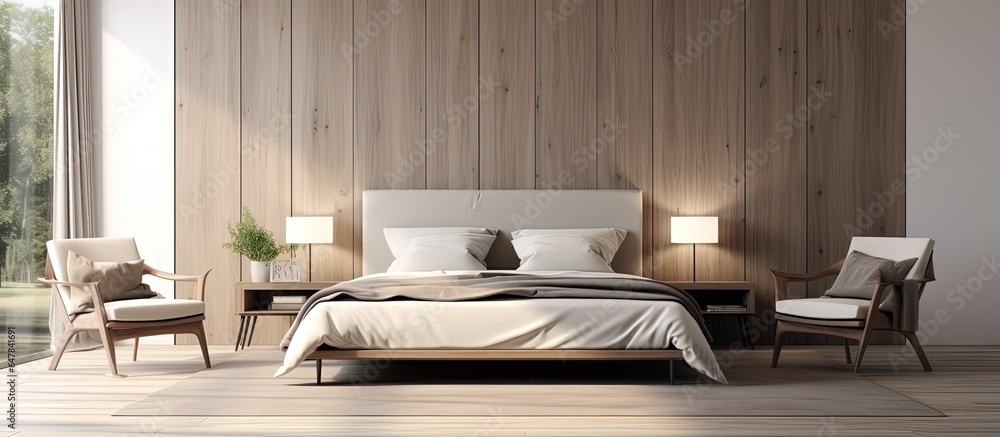 Modern table and chair in a luxurious beige and brown bedroom with a large bed white ivory wall and 